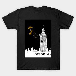 Mary Poppins and Big Ben Linocut Print in white, black and gold T-Shirt